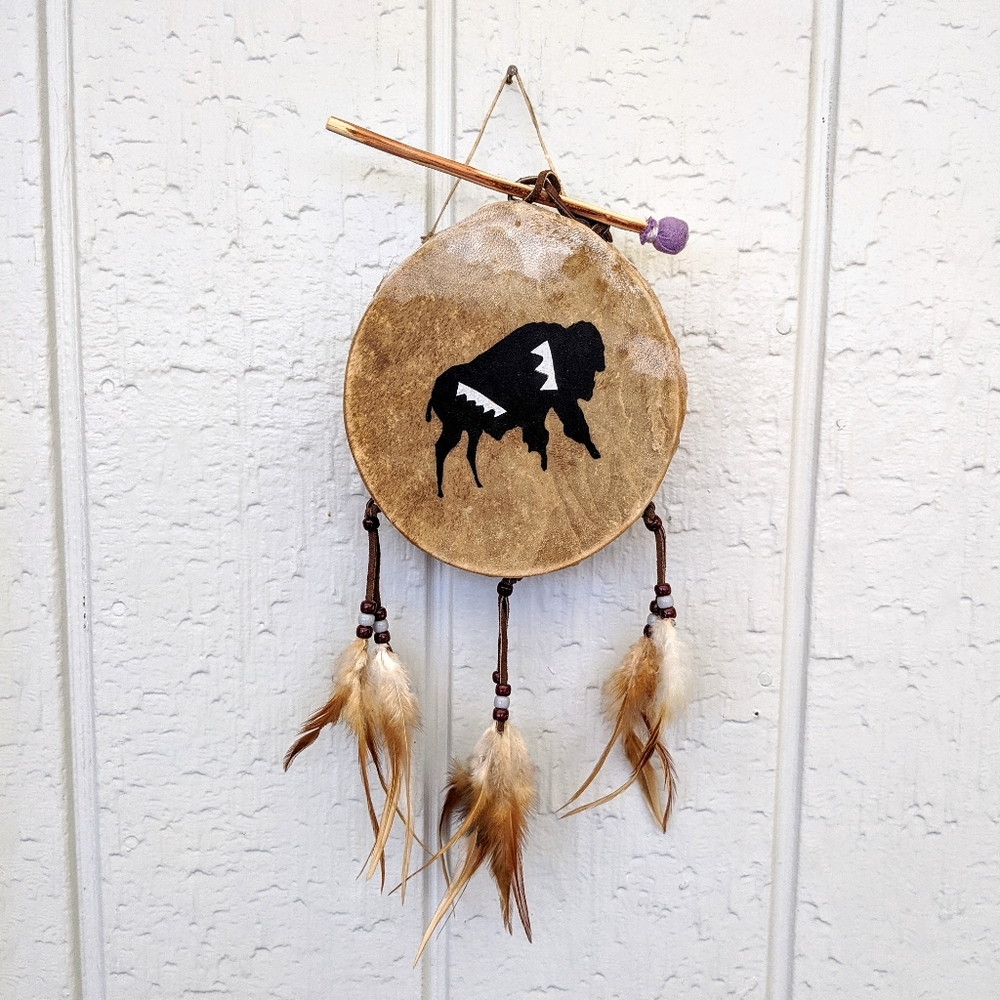 VTG Leather Art Native American Drum Wooden Beater